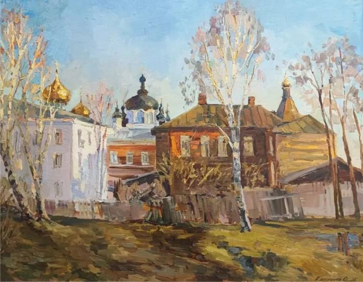 Весна, дворик у Богоявленского. хм 72х90, 2025